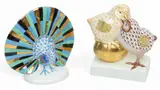 Herend, Manufactory (Hungarian) Fishnet Porcelain Figurines, Peacock & Nesting Birds Depth 2.5" 2 PCS