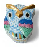 Herend, Manufactory (Hungarian) Blue Fishnet Porcelain Owl Trinket Box, Depth 2.5"