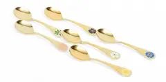 Georg Jensen, Sterling Gilt Spoons by RA & AB 1971 - 1976, 21t oz 6 pcs, 1971, Varied color enamel flowers. 'RA AB' for Rigmor Andersen & Annelise Bjorner
