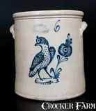 J. Burger Jr, 6 Gal. J. BURGER JR. / ROCHESTER, N.Y. Stoneware Crock w/ Elaborate Bird and Floral Decoration