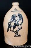 Hubbell & Cheesbro, 4 Gal. HUBBELL & CHEESBRO / GEDDES, NY with Exceptional Slip-Trailed Double Birds Decoration, circa 1870, Stoneware