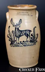 C. W. Braun, Rare C. W. BRAUN / BUFFALO, N.Y. Stoneware Churn with Fine Slip-Trailed Deer Decoration, circa 1870, Stoneware
