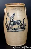 C. W. Braun, Rare C. W. BRAUN / BUFFALO, N.Y. Stoneware Churn with Fine Slip-Trailed Deer Decoration