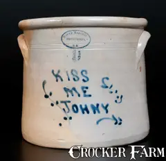 Brown Brother, Very Rare BROWN BROTHER / HUNTINGTON, L.I. Stoneware Epitaph Crock, "KISS ME JOHNY", circa 1870-1885, Stoneware