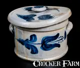 JOHN BELL / WAYNESBORO Decorated Stoneware Butter Crock w/ Decorated Lid by John Bell, circa 1850-1880, Stoneware, sold Oct 2015