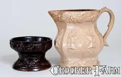 Amos Seavey, Very Rare Molded Stoneware Pitcher and Soap Dish, Pitcher Marked AMOS SEAVEY / CHELSEA, circa 1850, Stoneware