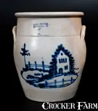 Rare J. & E. NORTON / BENNINGTON, VT Stoneware Crock w/ House, Tree and Fences Scene by J. & E. Norton, circa 1855, Stoneware, sold Oct 2015
