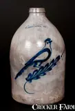 E & L P NORTON / BENNINGTON VT Three-Gallon Stoneware Bird Jug by E & L P Norton, circa 1870, Stoneware, sold Oct 2015