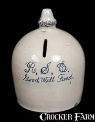 R. S. C, Interesting Stoneware Bank with Acorn Finial Inscribed "R. S. C. / Good Will Fund", late 19th century, Stoneware