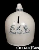 R. S. C, Interesting Stoneware Bank with Acorn Finial Inscribed "R. S. C. / Good Will Fund", late 19th century, Stoneware