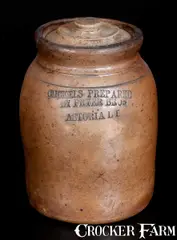 Pickels Prepared, Rare PICKELS PREPARED / BY PRYER BROS / ASTORIA LI Stoneware Jar, circa 1875, Stoneware