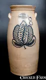J. Burger, 8 Gal. J. BURGER / ROCHESTER, N.Y. Stoneware Churn with Slip-Trailed Leaf Decoration, circa 1885, Stoneware
