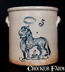 J. Burger Jr, Outstanding J. BURGER JR. / ROCHESTER, NY 5 Gal. Stoneware Lion Crock, circa 1885, Stoneware