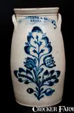 N. Clark & Co., N. CLARK & CO / LYONS Stoneware Churn with Elaborate Cobalt Floral Decoration