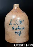 J. Fisher & Co., J. FISHER & CO. / LYONS, NY Stoneware Jug with Auburn, NY Script Advertising, circa 1875, Stoneware