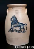 Hubbell & Chesebro, Rare HUBBELL & CHESEBRO / GEDDES, NY 5 Gal. Stoneware Churn w/ Lion Decoration, circa 1870, Stoneware