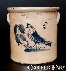 Hubbel & Cheesebro, Unusual HUBBEL & CHEESEBRO / GEDDES, NY Stoneware Crock with Bird Decoration, circa 1870, Stoneware
