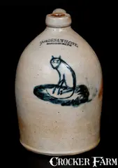 Cowden & Wilcox, Exceedingly Rare COWDEN & WILCOX / HARRISBURG, PA Stoneware Jug w/ Cat Decoration, circa 1865, Stoneware