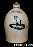 Exceedingly Rare COWDEN & WILCOX / HARRISBURG, PA Stoneware Jug w/ Cat Decoration by Cowden & Wilcox, circa 1865, Stoneware, sold Oct 2015