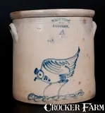 West Troy, 4 Gal. WEST TROY / N.Y. / POTTERY Stoneware Crock with Pecking Chicken Decoration, circa 1880, Stoneware