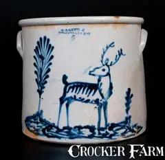 W. A. Lewis, Extremely Rare W. A. LEWIS / GALESVILLE, NY Stoneware Crock with Deer Decoration, circa 1858, Stoneware