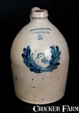 Fine COWDEN & WILCOX / HARRISBURG, PA Stoneware Jug with Bird-in-Wreath Decoration by Cowden & Wilcox, circa 1865, Stoneware, sold Oct 2015