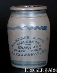 One-Gallon E.J. MILLER & SON. / ALEXANDRIA. VA. Stoneware Jar, Western PA origin by E. J. Miller & Son, circa 1875, Stoneware, sold Oct 2015