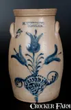 M. Woodruff, Outstanding "M. WOODRUFF / CORTLAND Five-Gallon Stoneware Churn w/ Elaborate Cobalt Floral Decoration