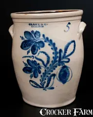 Clark & Co., CLARK & CO. / ROCHESTER Five-Gallon Stoneware Jar w/ Elaborate Floral Decoration, circa 1838-1846, Stoneware