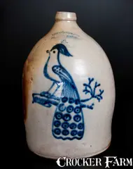 Cowden & Wilcox, Exceptional COWDEN & WILCOX / HARRISBURG, PA Stoneware Jug w/ Bold Peacock-on-Branch Decoration, circa 1865, Stoneware