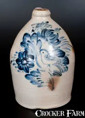 Cowden & Wilcox, Outstanding COWDEN & WILCOX / HARRISBURG, PA Stoneware Jug w/ Elaborate Bird and Floral Decoration, circa 1865, Stoneware