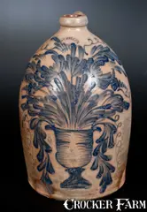 M. & T. Miller, Exceedingly Rare M. & T. MILLER / NEWPORT, PA Stoneware Jug w/ Elaborate Flowering Urn Decoration, circa 1870, Stoneware