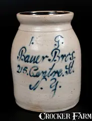 Union Pottery, UNION POTTERY / NEWARK, NJ Stoneware Jar with New York City Script Advertising, circa 1871-1875, Stoneware