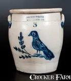 COWDEN & WILCOX / HARRISBURG, PA Three-Gallon Stoneware Jar w/ Outstanding Shaded Bird Decoration by Cowden & Wilcox, circa 1865, Stoneware, sold Jul 2015