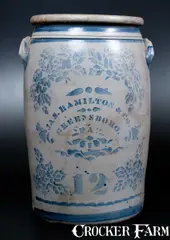 Jas. Hamilton & Co., 12 Gal. JAS. HAMILTON & CO. / GREENSBORO, PA Stoneware Jar w/ Stenciled Roses, circa 1875, Stoneware