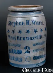 Stephen H. Ward, Outstanding STEPHEN H. WARD / WEST BROWNSVILLE, PA Stoneware Jar with Stars Decoration, circa 1870, Stoneware