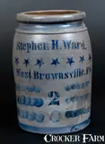 Stephen H. Ward, Outstanding STEPHEN H. WARD / WEST BROWNSVILLE, PA Stoneware Jar with Stars Decoration, circa 1870, Stoneware