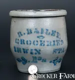 Irwin Sta, Small Western PA Stoneware Cream Jar with IRWIN STA. / Pa Advertising, circa 1875, Stoneware