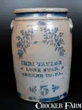 Imri Taylor, IMRI TAYLOR / LONE STAR / GREENE CO. PA Five-Gallon Stoneware Jar w/ Stenciled Floral Decoration, circa 1875, Stoneware