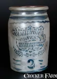 HAMILTON & JONES / GREENSBORO, PA Stoneware Jar with Stenciled Shield Decoration by Hamilton & Jones, circa 1875, Stoneware, sold Jul 2015