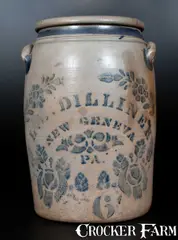 L.B. Dilliner, L. B. DILLINER / NEW GENEVA, PA Six-Gallon Stoneware Jar with Large Stenciled Floral Decoration, circa 1870, Stoneware