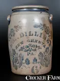 L.B. Dilliner, L. B. DILLINER / NEW GENEVA, PA Six-Gallon Stoneware Jar with Large Stenciled Floral Decoration, circa 1870, Stoneware