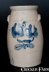 F. J. Caire, Rare F. J. CAIRE / Huntington / L.I. Five-Gallon Stoneware Churn w/ Floral Decoration, circa 1854-1863, Stoneware