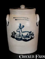 Cowden & Wilcox, Exceedingly Rare COWDEN & WILCOX / HARRISBURG. PA Rabbit Crock, circa 1865, Stoneware
