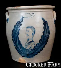 M. & T. Miller, Important M. & T. MILLER / NEWPORT, PA Stoneware Jar w/ Man's Bust in a Wreath, circa 1870, Stoneware