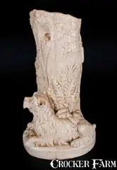 F. B. Norton, Rare F.B. NORTON / WORCESTER, MASS Stoneware Stump Umbrella Stand w/ Reclining Dog, circa 1886, Stoneware