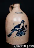Satterlee & Mory, 1 Gal. SATTERLEE & MORY / FORT EDWARD, NY Stoneware Jug w/ Bird Decoration, circa 1865, Stoneware