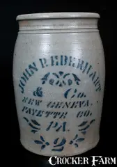 John P. Eberhart, Scarce JOHN P. EBERHART / NEW GENEVA / FAYETTE CO., PA Two-Gallon Stoneware Jar, circa 1875, Stoneware