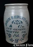 John P. Eberhart, Scarce JOHN P. EBERHART / NEW GENEVA / FAYETTE CO., PA Two-Gallon Stoneware Jar, circa 1875, Stoneware