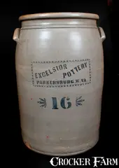 Excelsior Pottery, 16 Gal. EXCELSIOR POTTERY / PARKERSBURG, W. VA. Stoneware Crock w/ Stenciled Advertising, circa 1880, Stoneware